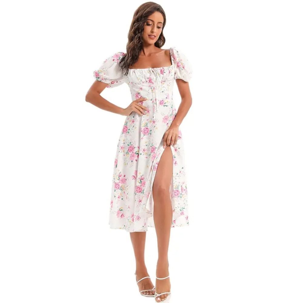 NWT EREEGIAN Women's S Cottagecore White Floral Puff Sleeve Midi Dress